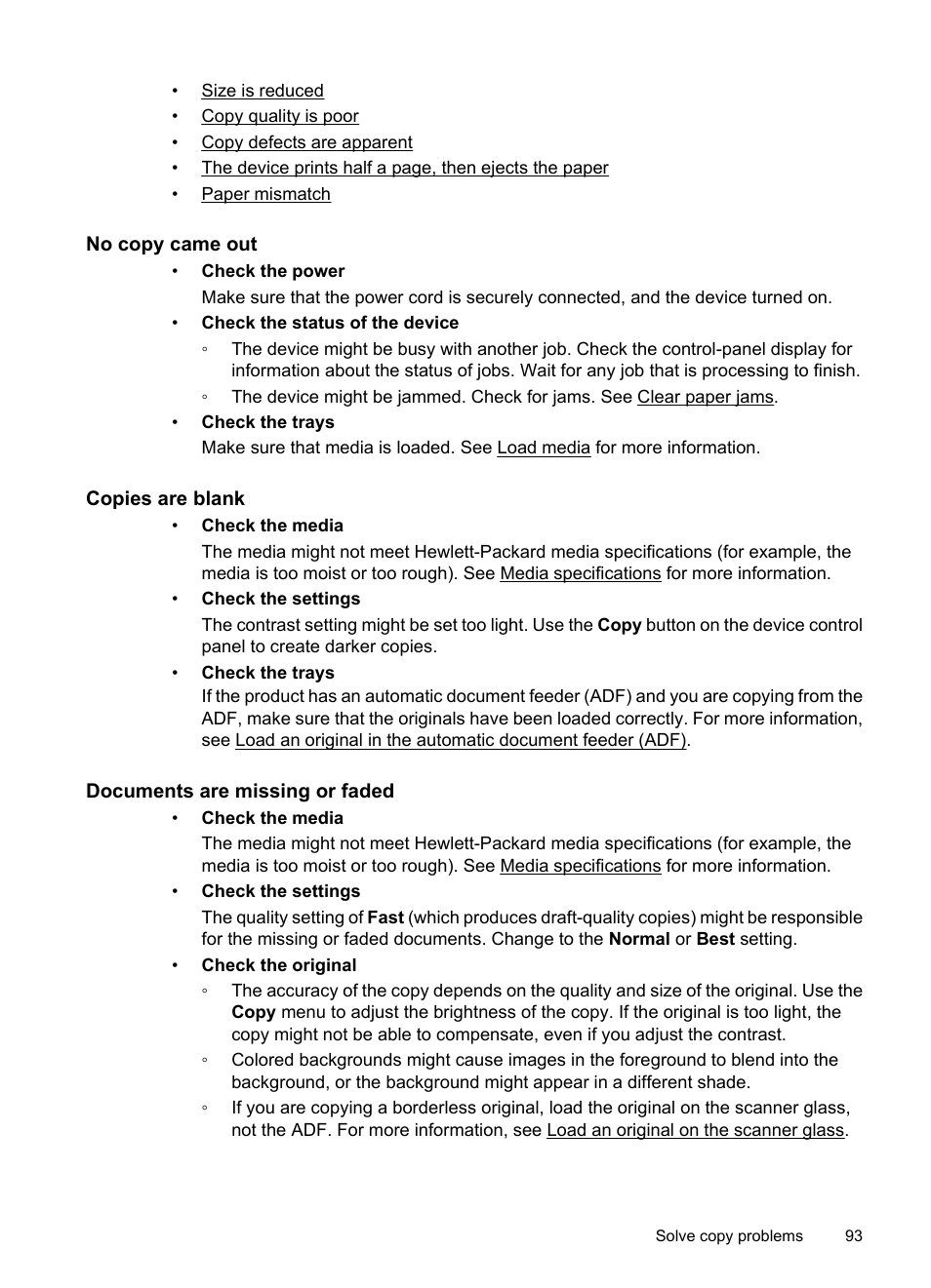 No copy came out, Copies are blank, Documents are missing or faded | HP OFFICEJET 4500 User Manual | Page 97 / 228