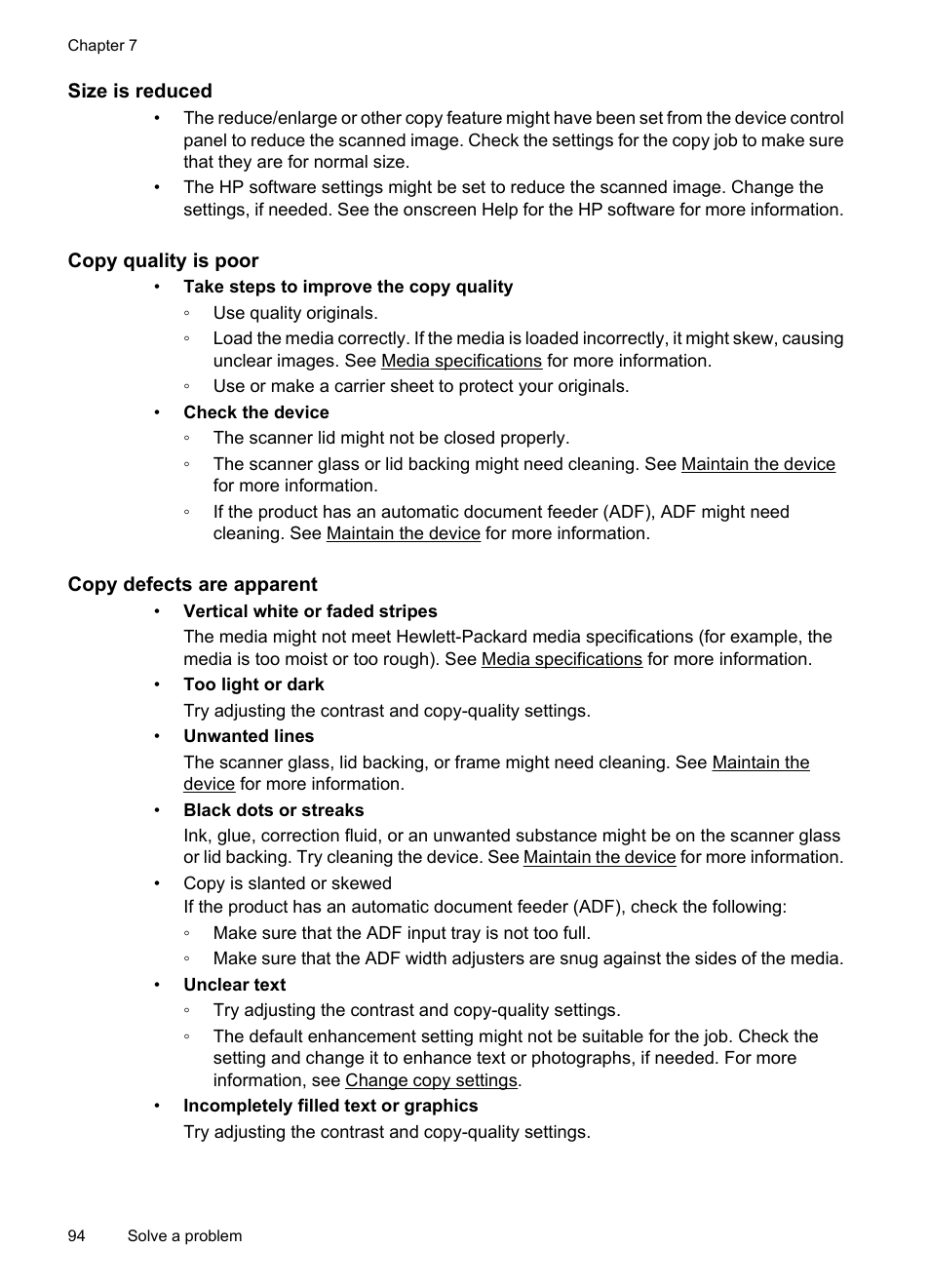 Size is reduced, Copy quality is poor, Copy defects are apparent | HP OFFICEJET 4500 User Manual | Page 98 / 228