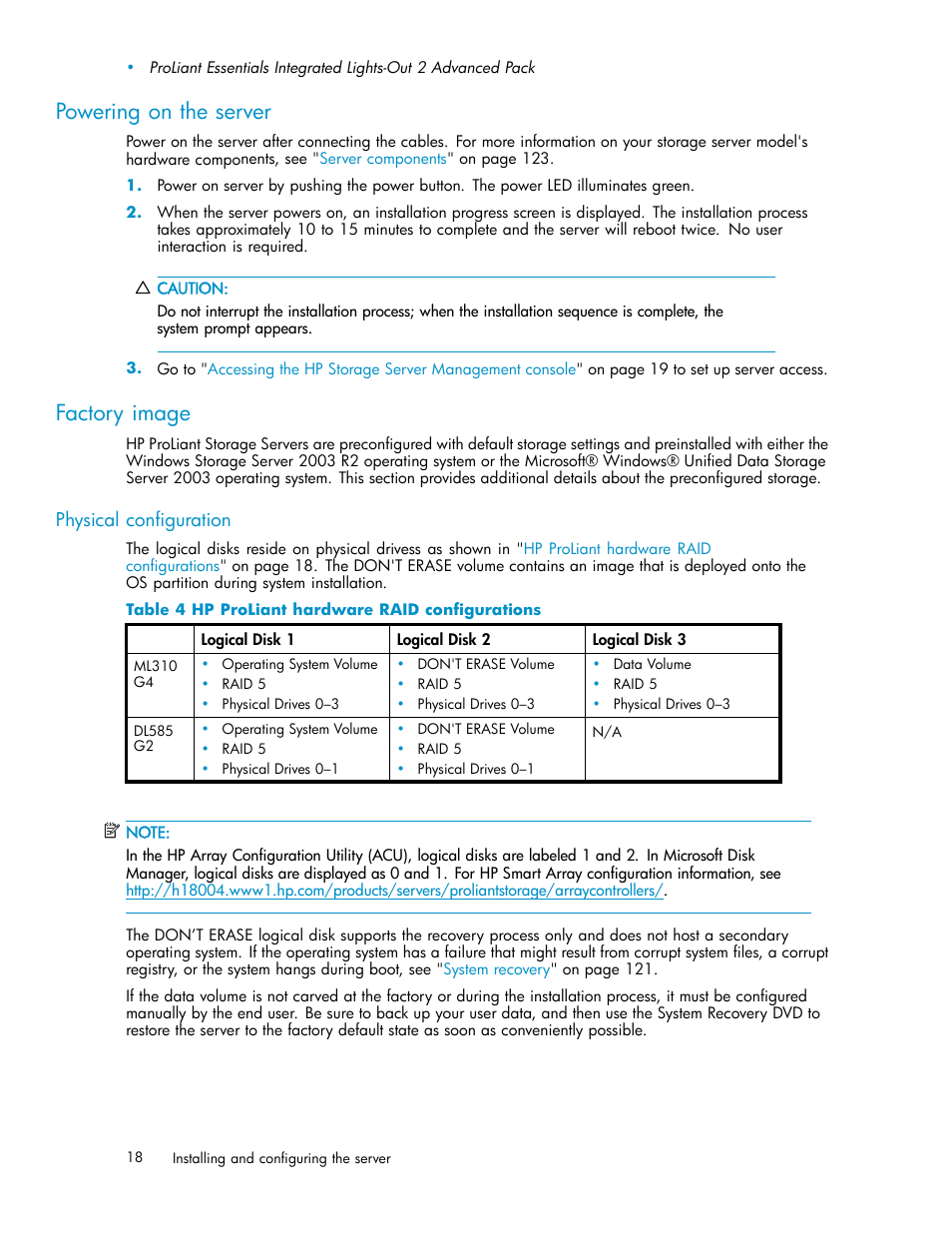 Powering on the server, Factory image, Physical configuration | Hp proliant hardware raid configurations | HP ProLiant DL585 G2 Storage-Server User Manual | Page 18 / 150