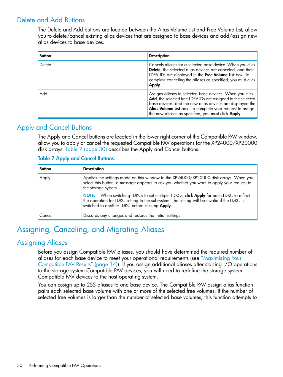 Delete and add buttons, Apply and cancel buttons, Assigning, canceling, and migrating aliases | Assigning aliases, Delete and add buttons apply and cancel buttons, Assigning, canceling, and migrating | HP StorageWorks XP Remote Web Console Software User Manual | Page 30 / 75