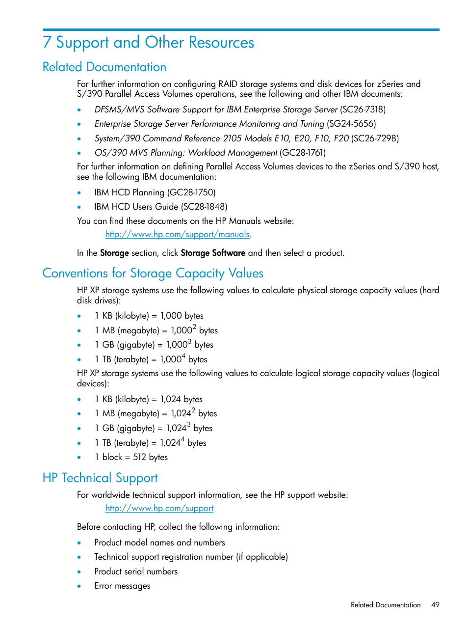 7 support and other resources, Related documentation, Conventions for storage capacity values | Hp technical support | HP StorageWorks XP Remote Web Console Software User Manual | Page 49 / 75