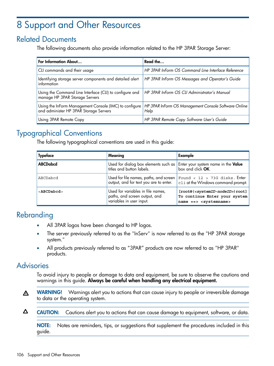 8 support and other resources, Related documents, Typographical conventions | Rebranding, Advisories | HP 3PAR Application Software Suite for Oracle User Manual | Page 106 / 194
