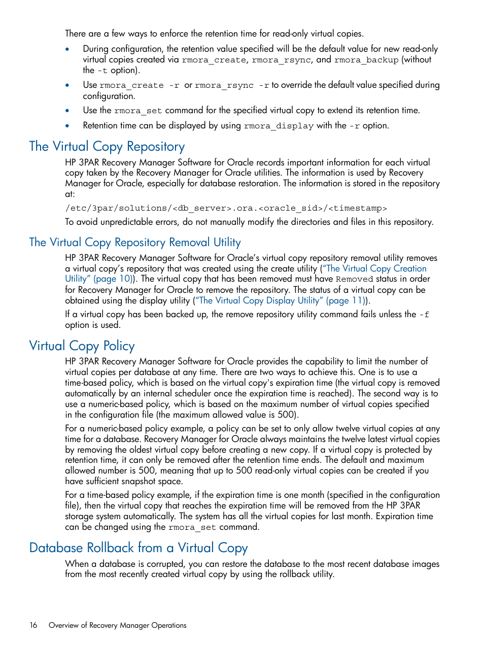 The virtual copy repository, The virtual copy repository removal utility, Virtual copy policy | Database rollback from a virtual copy | HP 3PAR Application Software Suite for Oracle User Manual | Page 16 / 194