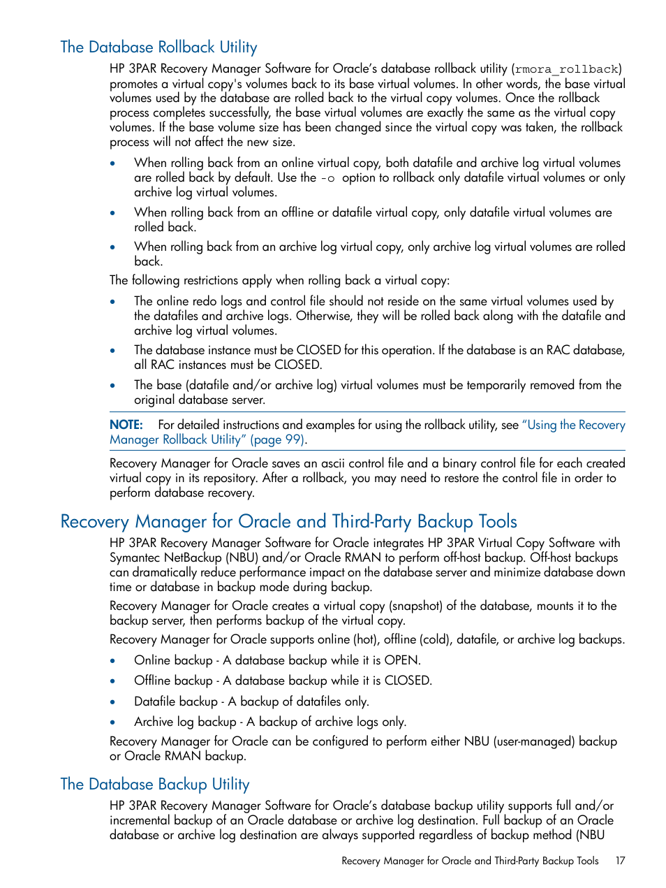 The database rollback utility, The database backup utility | HP 3PAR Application Software Suite for Oracle User Manual | Page 17 / 194