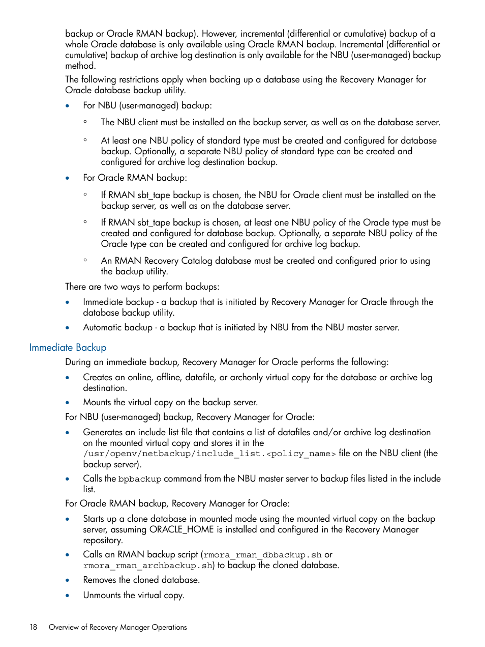 Immediate backup | HP 3PAR Application Software Suite for Oracle User Manual | Page 18 / 194