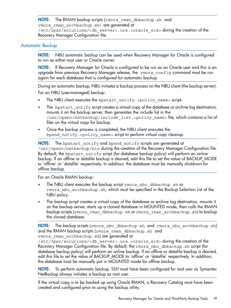 Automatic backup | HP 3PAR Application Software Suite for Oracle User Manual | Page 19 / 194