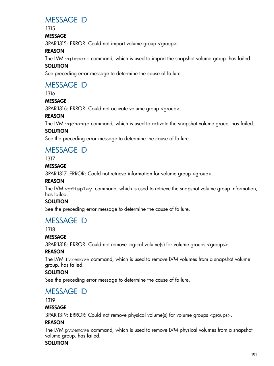 Message id | HP 3PAR Application Software Suite for Oracle User Manual | Page 191 / 194