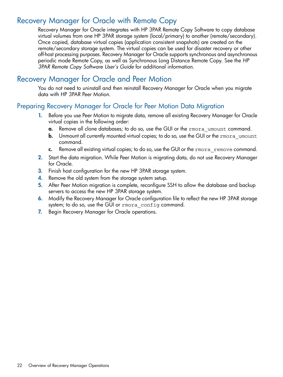 Recovery manager for oracle with remote copy, Recovery manager for oracle and peer motion | HP 3PAR Application Software Suite for Oracle User Manual | Page 22 / 194