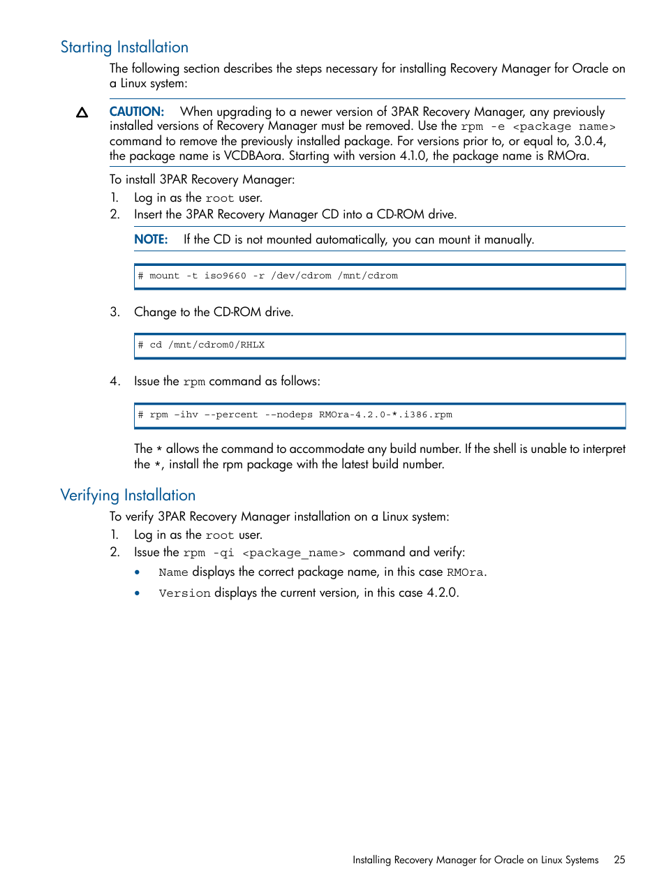 Starting installation, Verifying installation, Starting installation verifying installation | HP 3PAR Application Software Suite for Oracle User Manual | Page 25 / 194