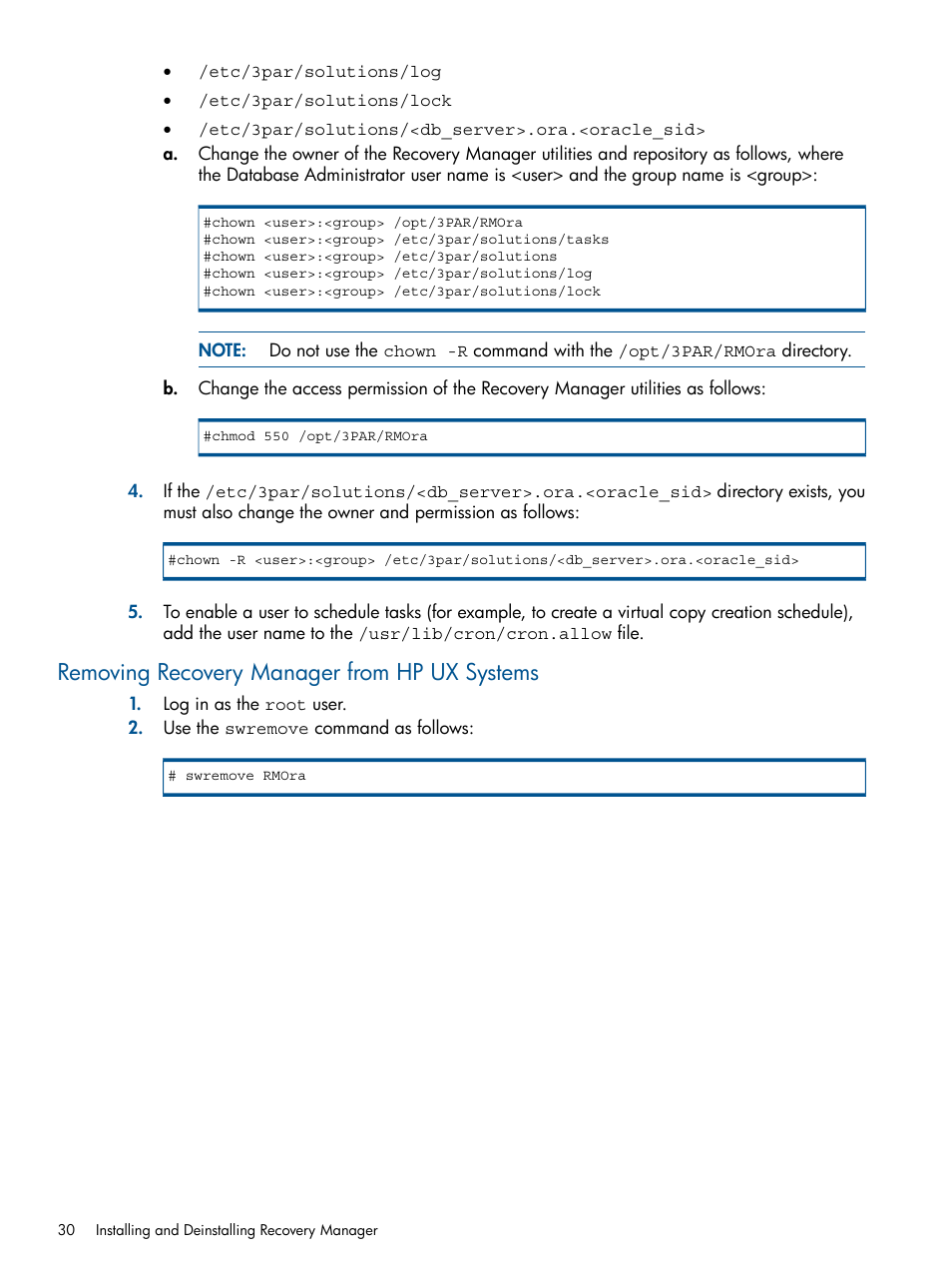 Removing recovery manager from hp ux systems | HP 3PAR Application Software Suite for Oracle User Manual | Page 30 / 194