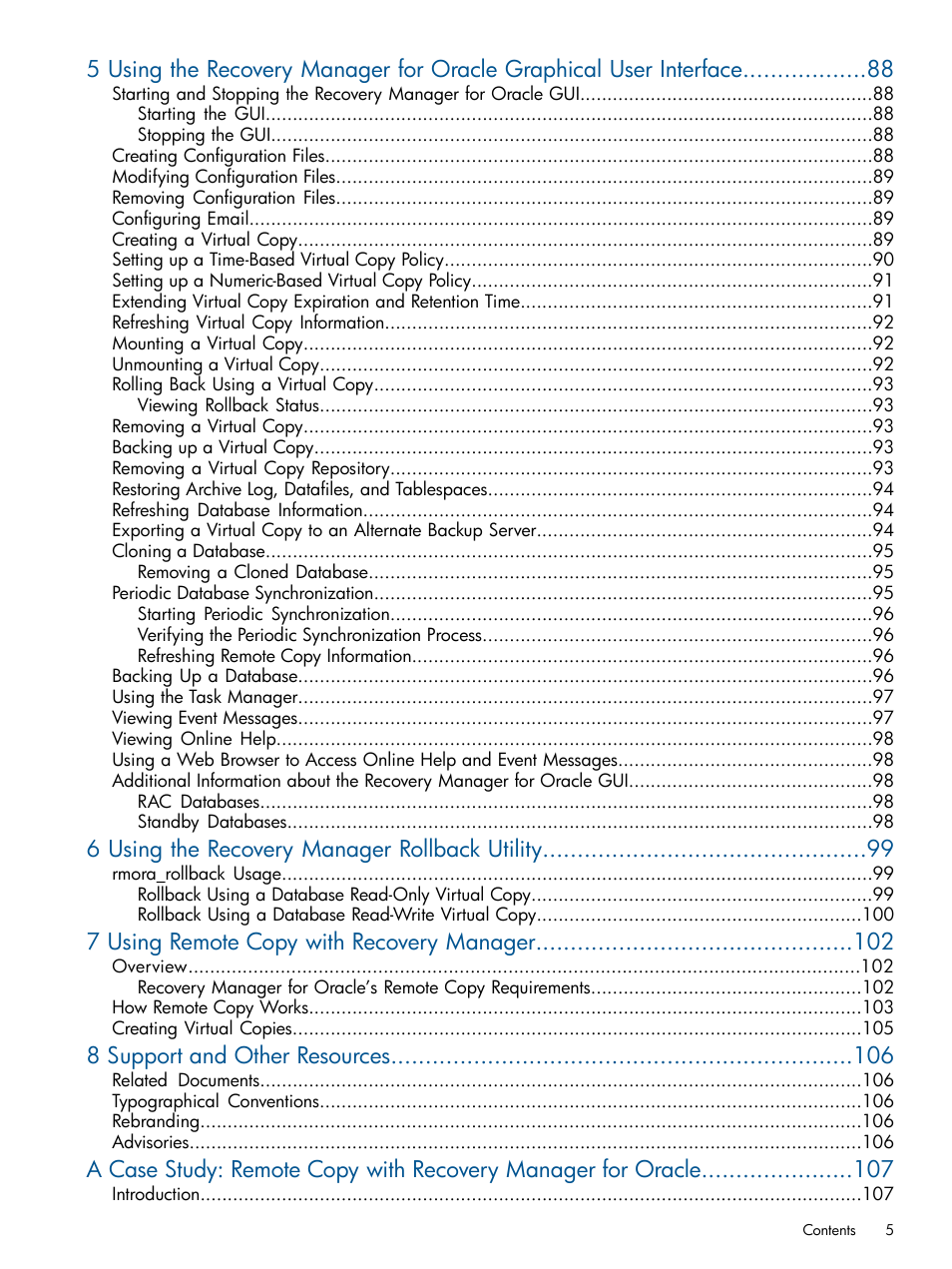 6 using the recovery manager rollback utility, 7 using remote copy with recovery manager, 8 support and other resources | HP 3PAR Application Software Suite for Oracle User Manual | Page 5 / 194