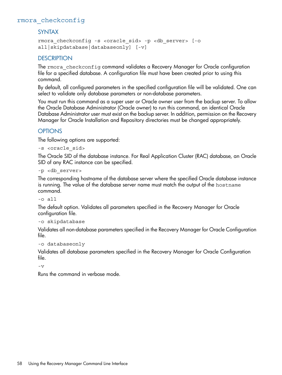Rmora_checkconfig | HP 3PAR Application Software Suite for Oracle User Manual | Page 58 / 194
