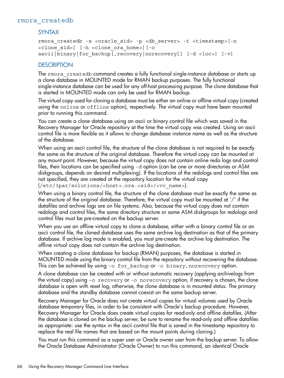Rmora_createdb | HP 3PAR Application Software Suite for Oracle User Manual | Page 66 / 194