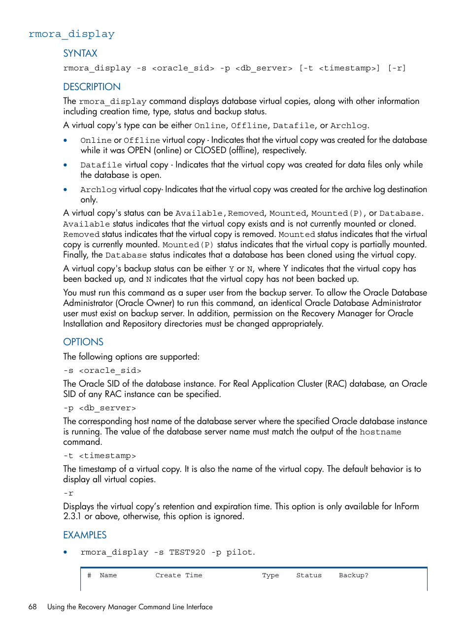 Rmora_display | HP 3PAR Application Software Suite for Oracle User Manual | Page 68 / 194