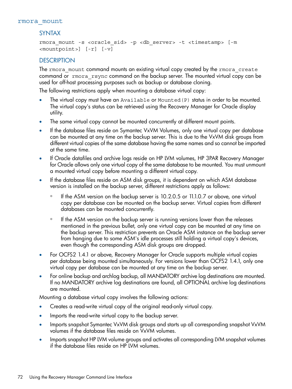 Rmora_mount | HP 3PAR Application Software Suite for Oracle User Manual | Page 72 / 194