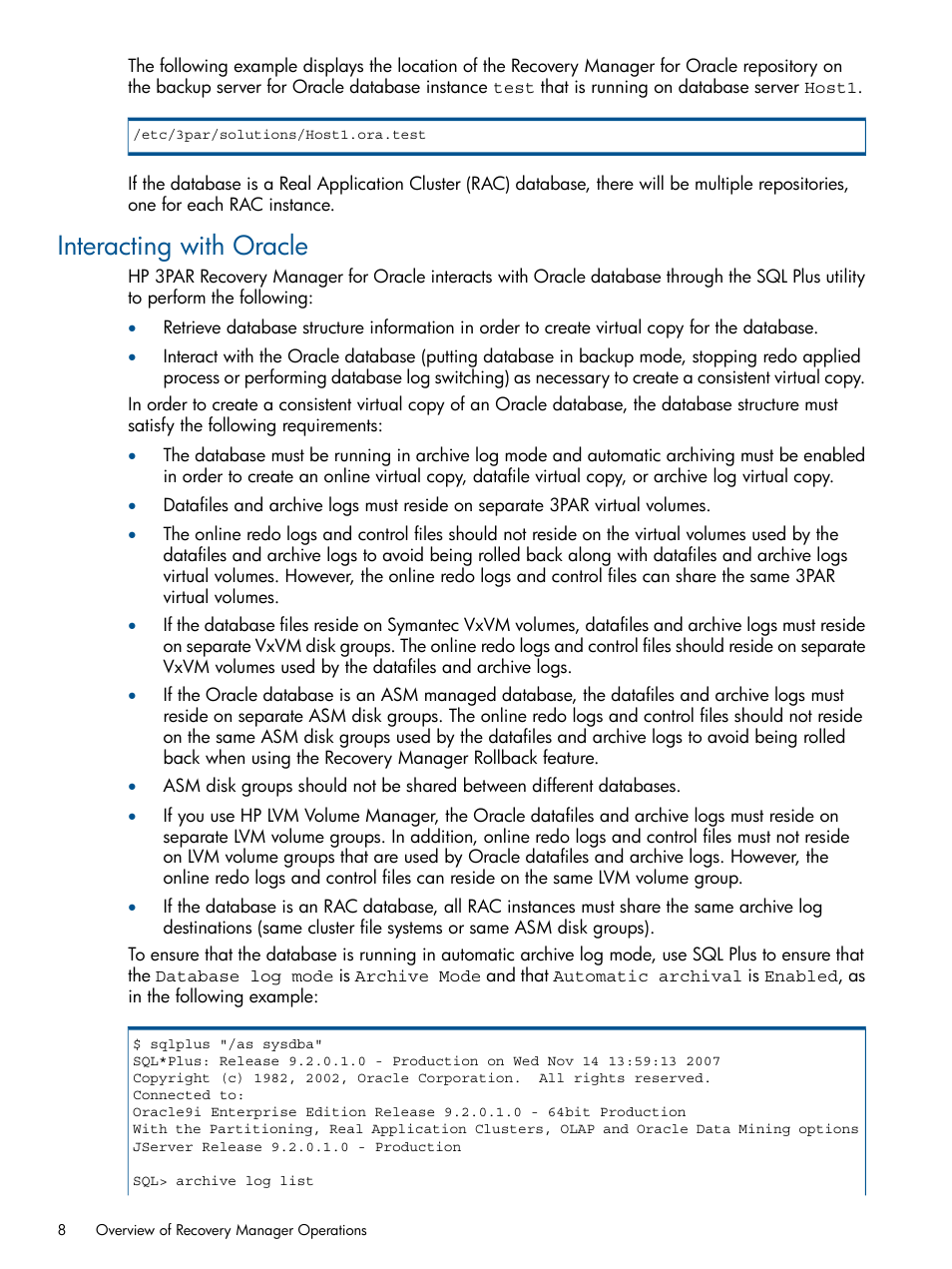 Interacting with oracle | HP 3PAR Application Software Suite for Oracle User Manual | Page 8 / 194
