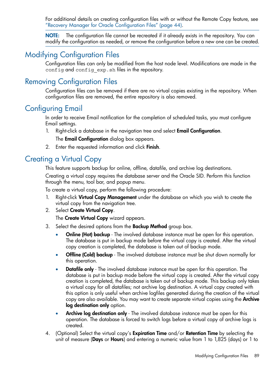 Modifying configuration files, Removing configuration files, Configuring email | Creating a virtual copy | HP 3PAR Application Software Suite for Oracle User Manual | Page 89 / 194