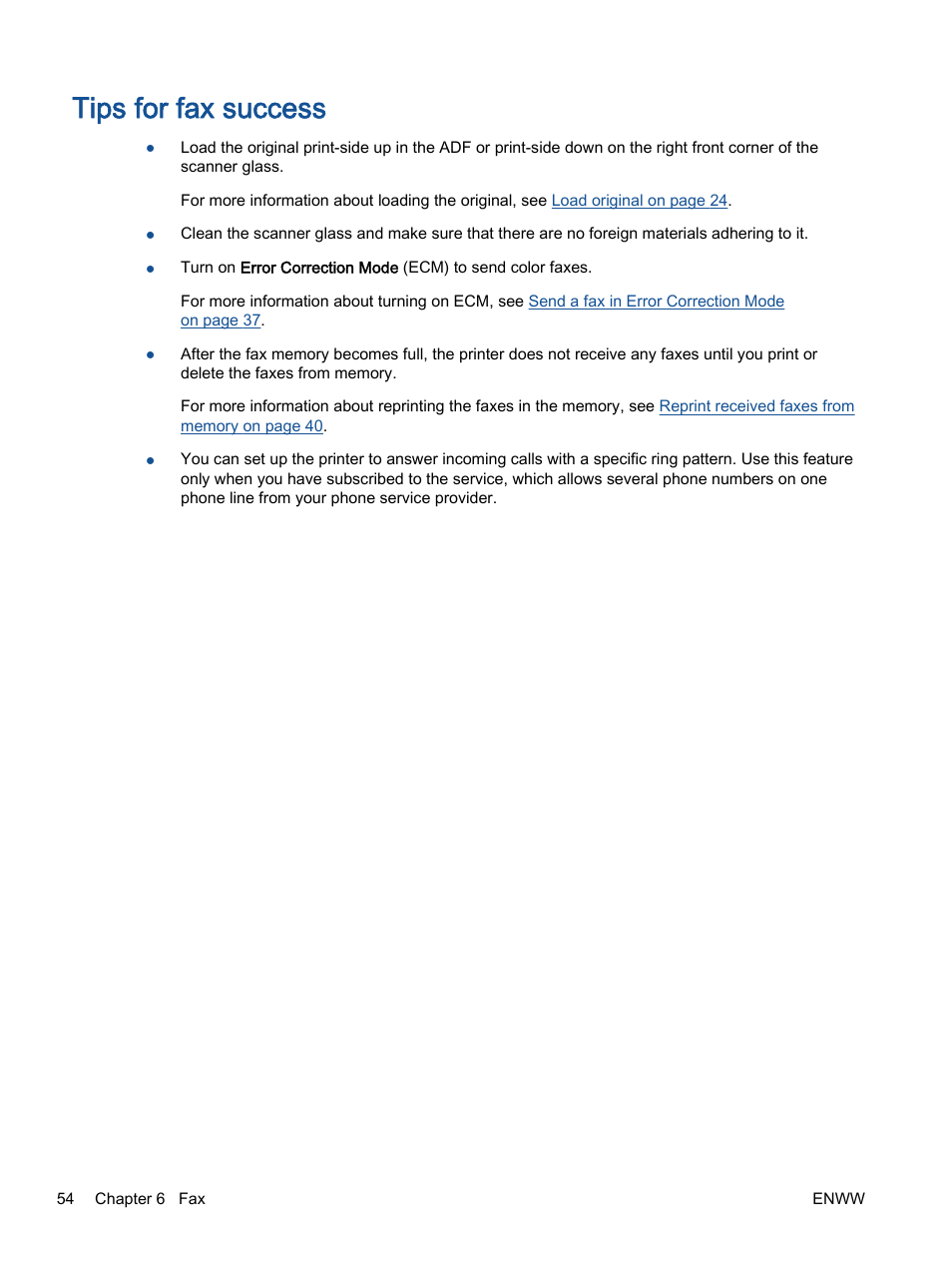 Tips for fax success | HP Officejet 2621 All-in-One Printer User Manual | Page 58 / 140