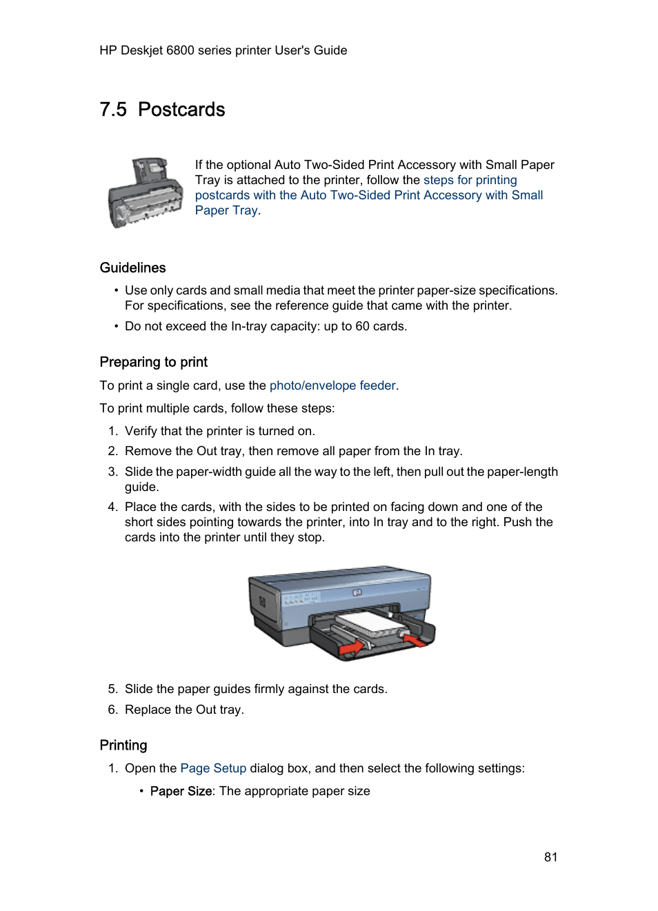 5 postcards, Guidelines, Preparing to print | Printing, Postcards | HP Deskjet 6840 Color Inkjet Printer User Manual | Page 81 / 176