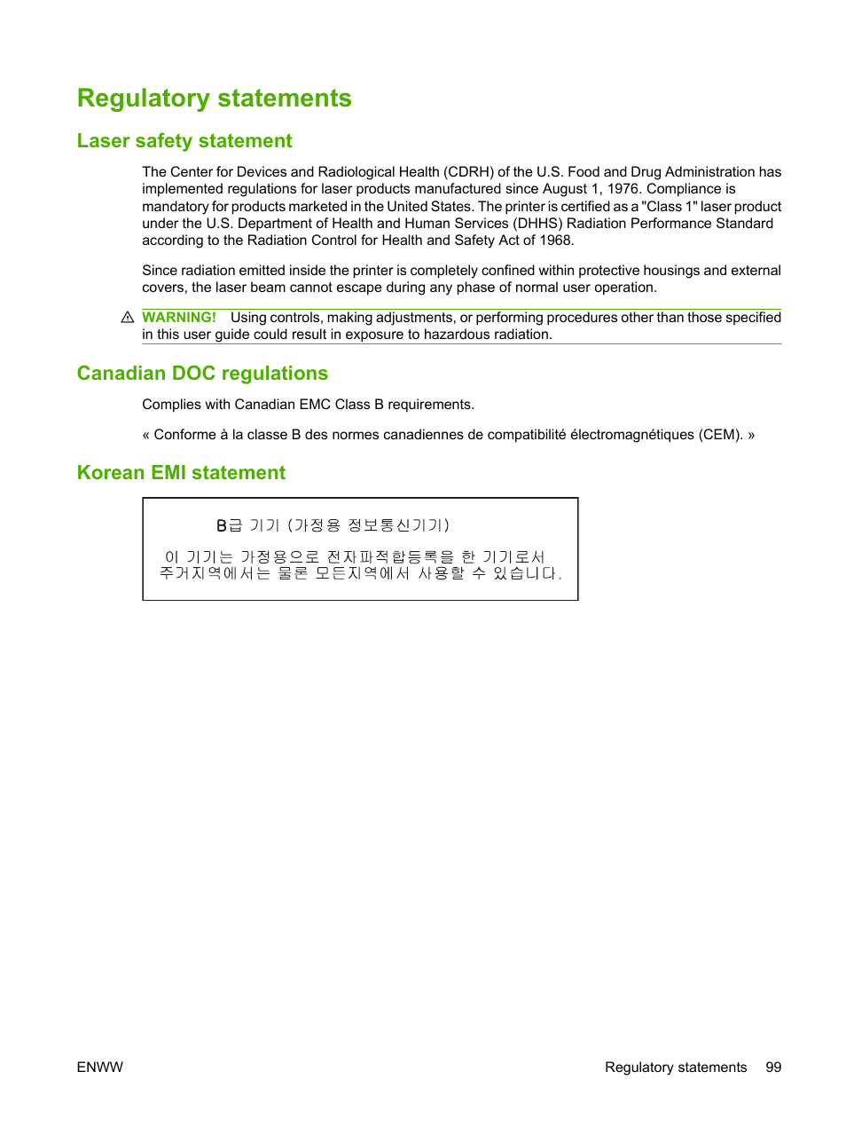 Regulatory statements, Laser safety statement, Canadian doc regulations | Korean emi statement | HP LaserJet P1005 Printer User Manual | Page 109 / 120