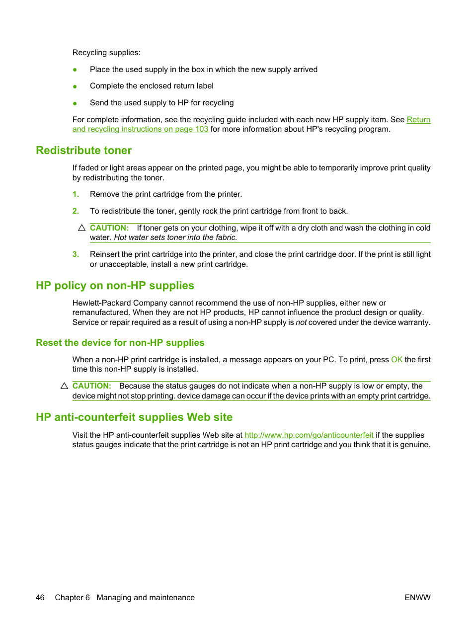 Redistribute toner, Hp policy on non-hp supplies, Reset the device for non-hp supplies | Hp anti-counterfeit supplies web site, Redistribute toner hp policy on non-hp supplies | HP LaserJet P1005 Printer User Manual | Page 56 / 120