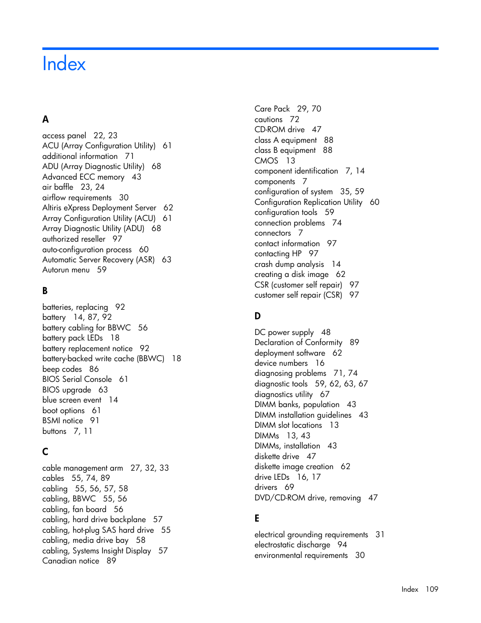 Index | HP ProLiant DL385 G5 Server User Manual | Page 109 / 112