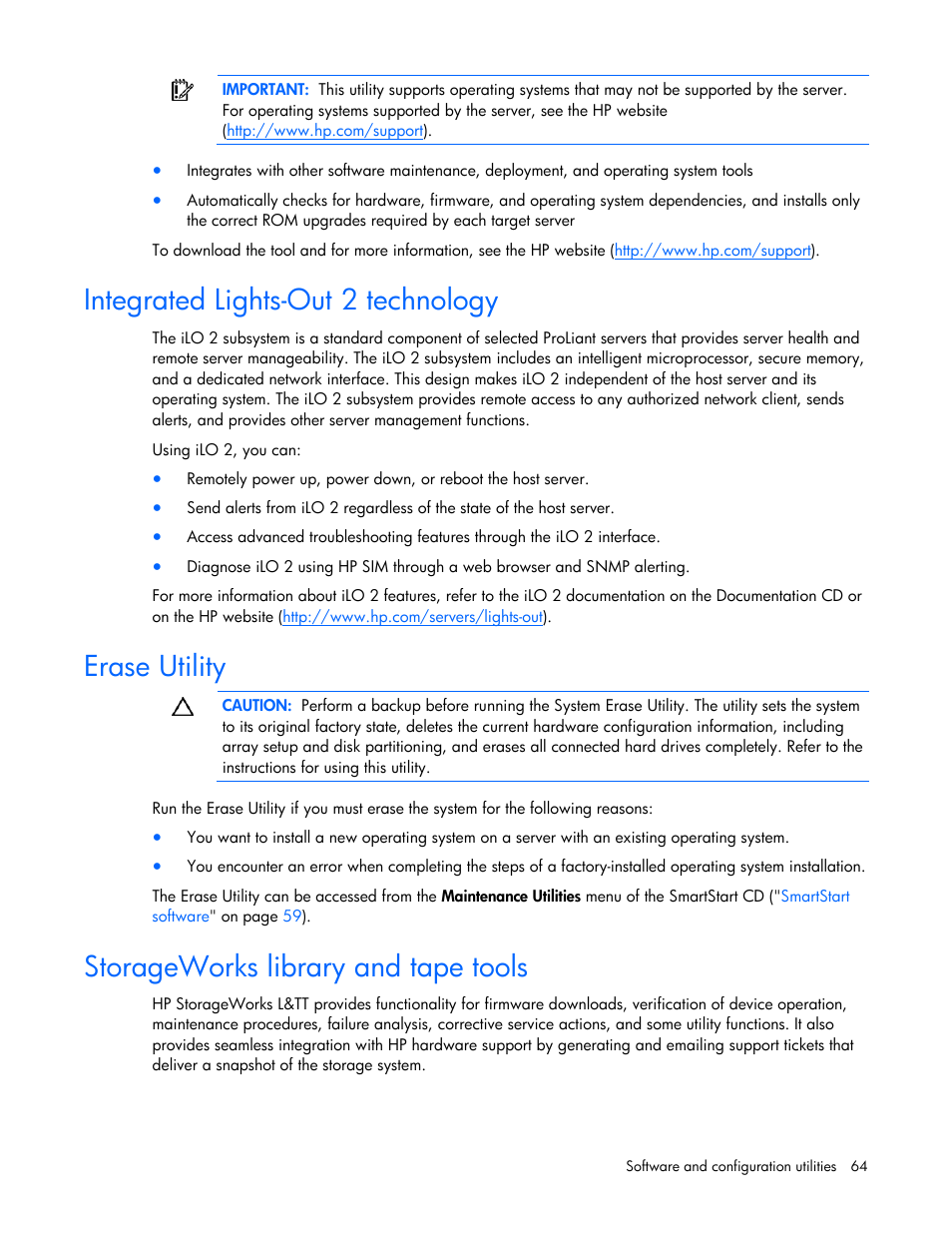 Integrated lights-out 2 technology, Erase utility, Storageworks library and tape tools | HP ProLiant DL385 G5 Server User Manual | Page 64 / 112