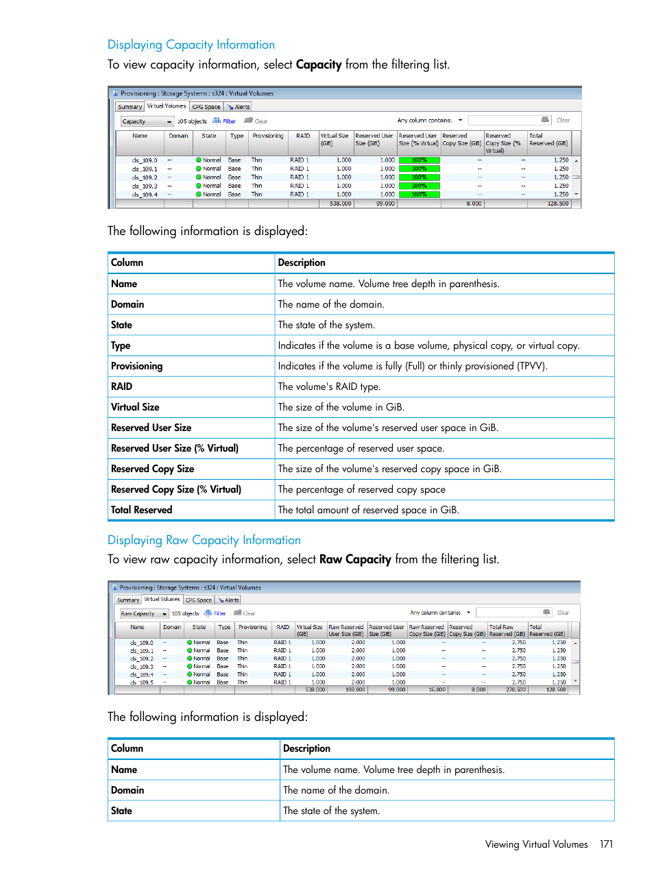 Displaying capacity information, Displaying raw capacity information | HP 3PAR Operating System Software User Manual | Page 171 / 525