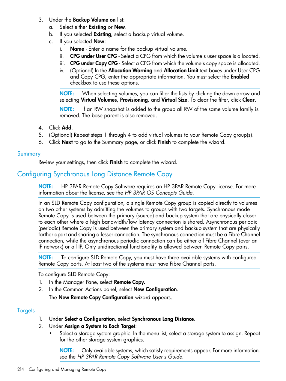 Summary, Configuring synchronous long distance remote copy, Targets | HP 3PAR Operating System Software User Manual | Page 214 / 525
