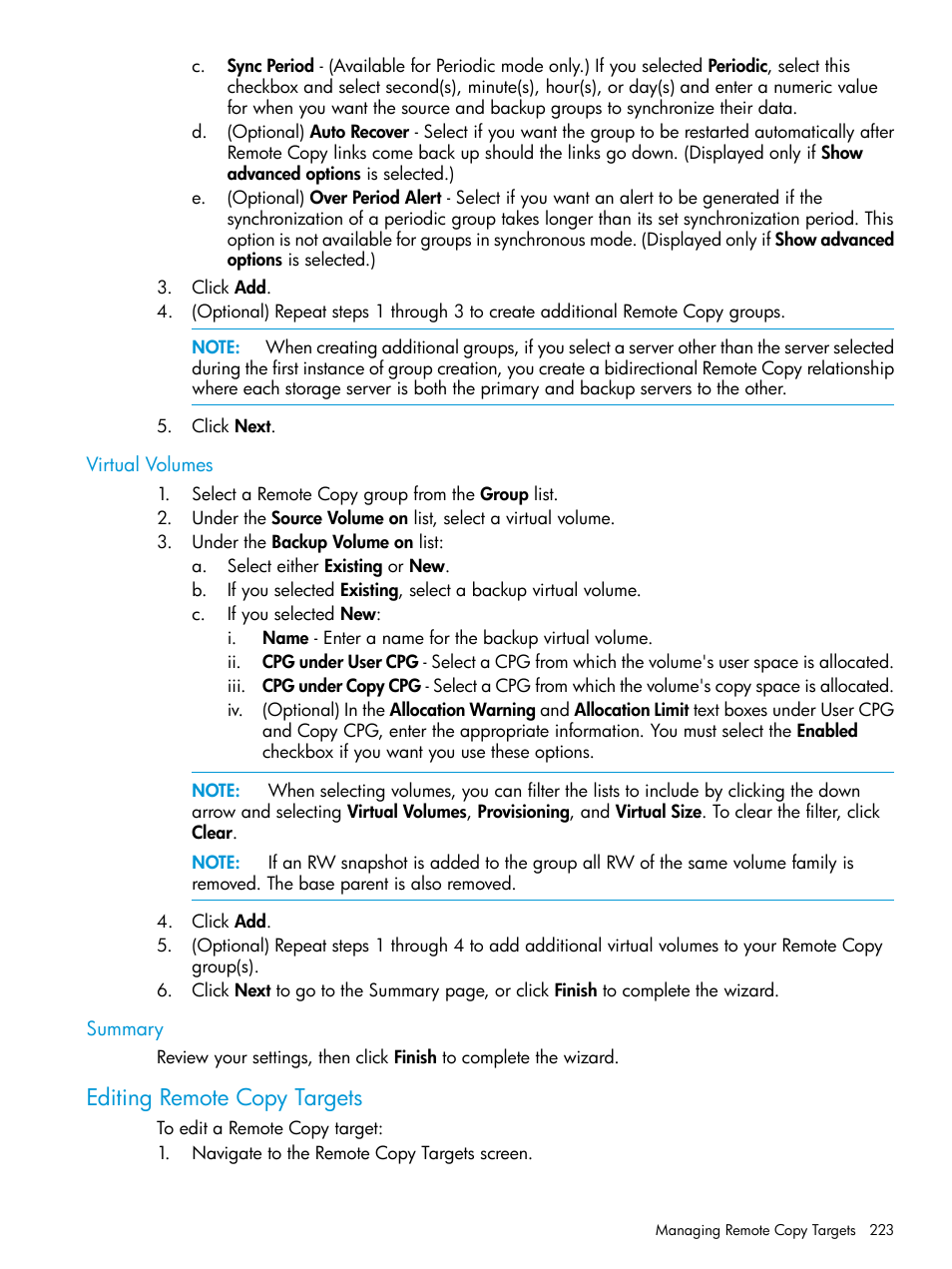 Virtual volumes, Summary, Editing remote copy targets | Virtual volumes summary | HP 3PAR Operating System Software User Manual | Page 223 / 525