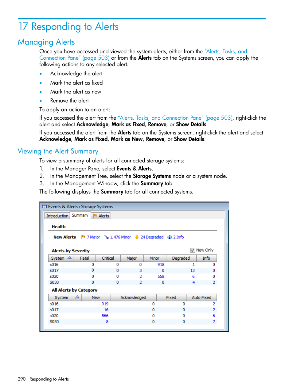 17 responding to alerts, Managing alerts, Viewing the alert summary | HP 3PAR Operating System Software User Manual | Page 290 / 525
