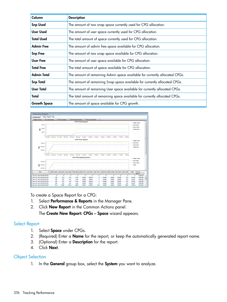 Select report, Object selection, Select report object selection | HP 3PAR Operating System Software User Manual | Page 376 / 525