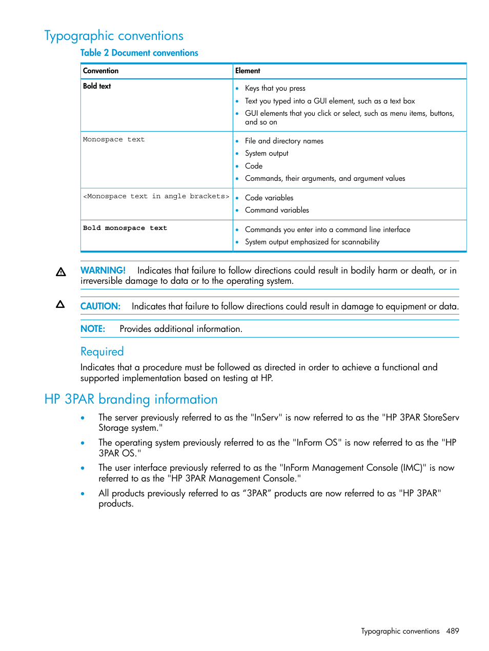 Typographic conventions, Hp 3par branding information, Required | HP 3PAR Operating System Software User Manual | Page 489 / 525