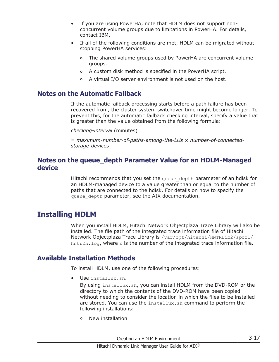 Notes on the automatic failback, Installing hdlm, Available installation methods | Notes on the automatic failback -17, Installing hdlm -17, Available installation methods -17 | HP XP P9500 Storage User Manual | Page 83 / 494