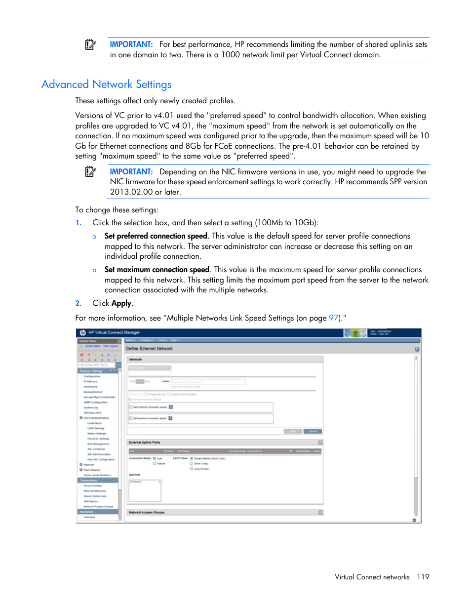 Advanced network settings | HP Virtual Connect 4Gb Fibre Channel Module for c-Class BladeSystem User Manual | Page 119 / 308
