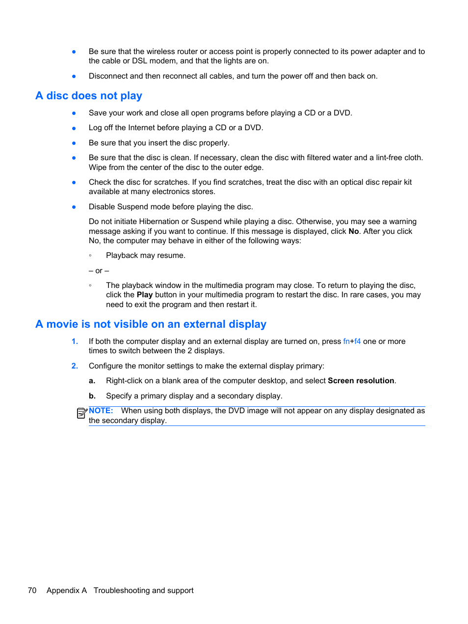 A disc does not play, A movie is not visible on an external display | HP EliteBook 850 G1 Notebook PC User Manual | Page 80 / 90