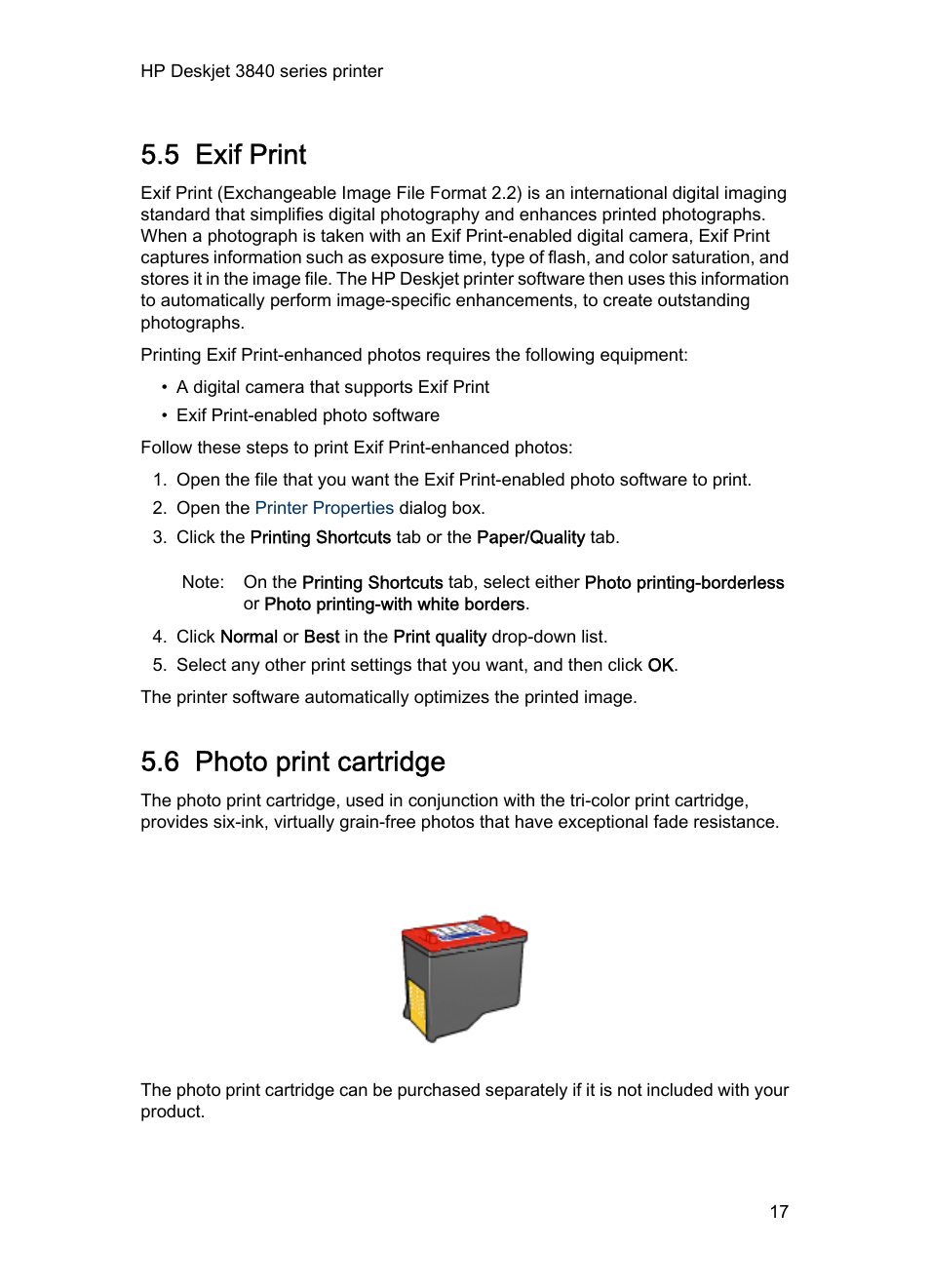 5 exif print, 6 photo print cartridge, Photo print | Cartridge, Purchased separately), Photo print cartridge, Print an, Exif-formatted, Photo if you have exif-enabled software, Use the | HP Deskjet 3848 Color Inkjet Printer User Manual | Page 17 / 96