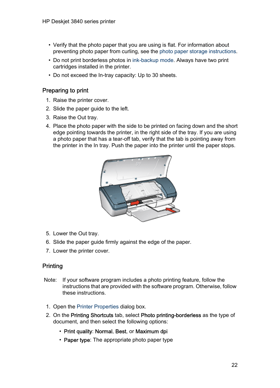 Preparing to print, Printing | HP Deskjet 3848 Color Inkjet Printer User Manual | Page 22 / 96