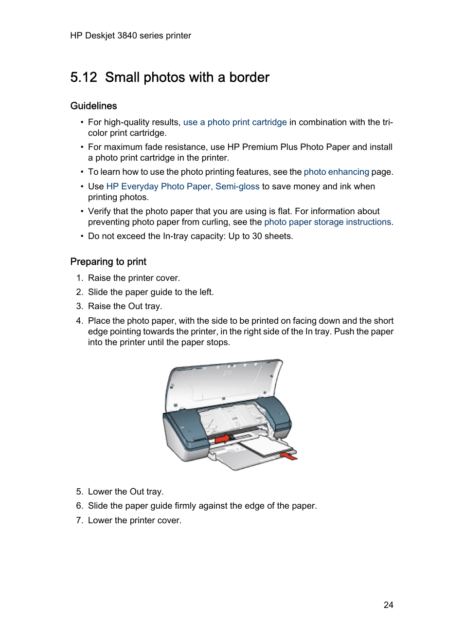12 small photos with a border, Guidelines, Preparing to print | Small photo with a white, Border | HP Deskjet 3848 Color Inkjet Printer User Manual | Page 24 / 96