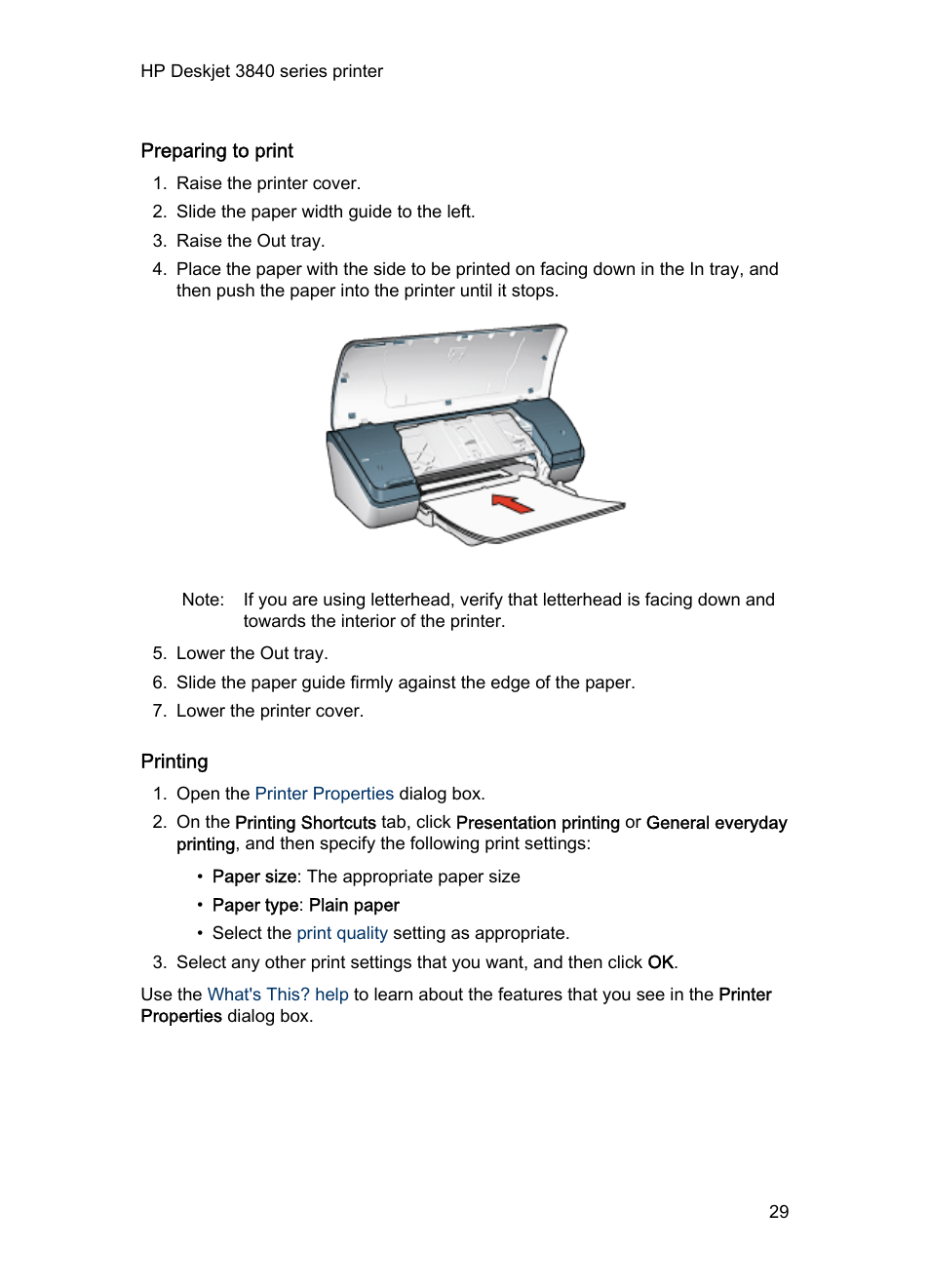 Preparing to print, Printing | HP Deskjet 3848 Color Inkjet Printer User Manual | Page 29 / 96