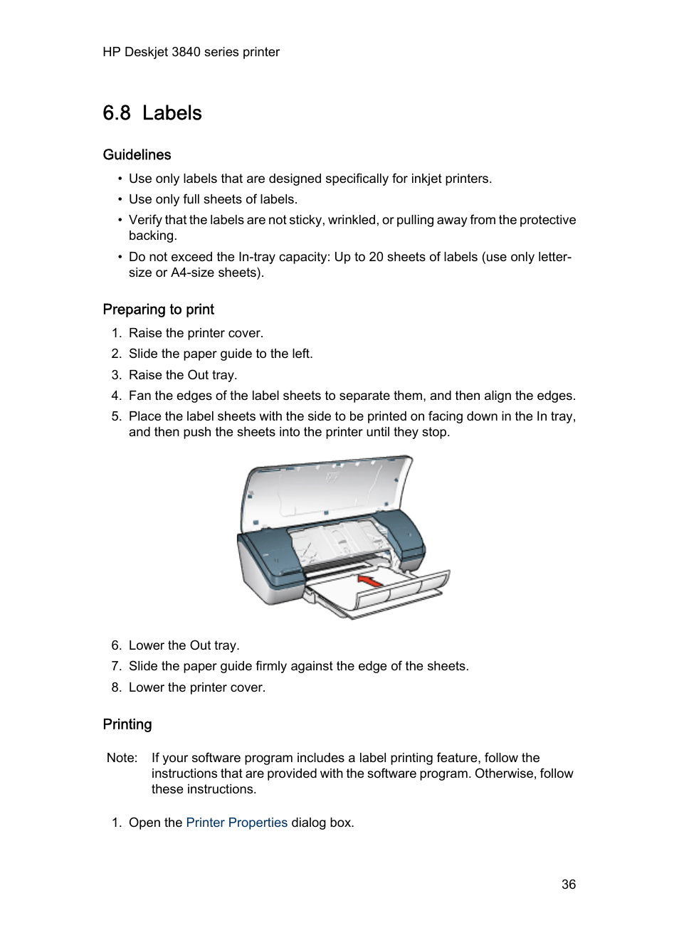 8 labels, Guidelines, Preparing to print | Printing, Labels | HP Deskjet 3848 Color Inkjet Printer User Manual | Page 36 / 96