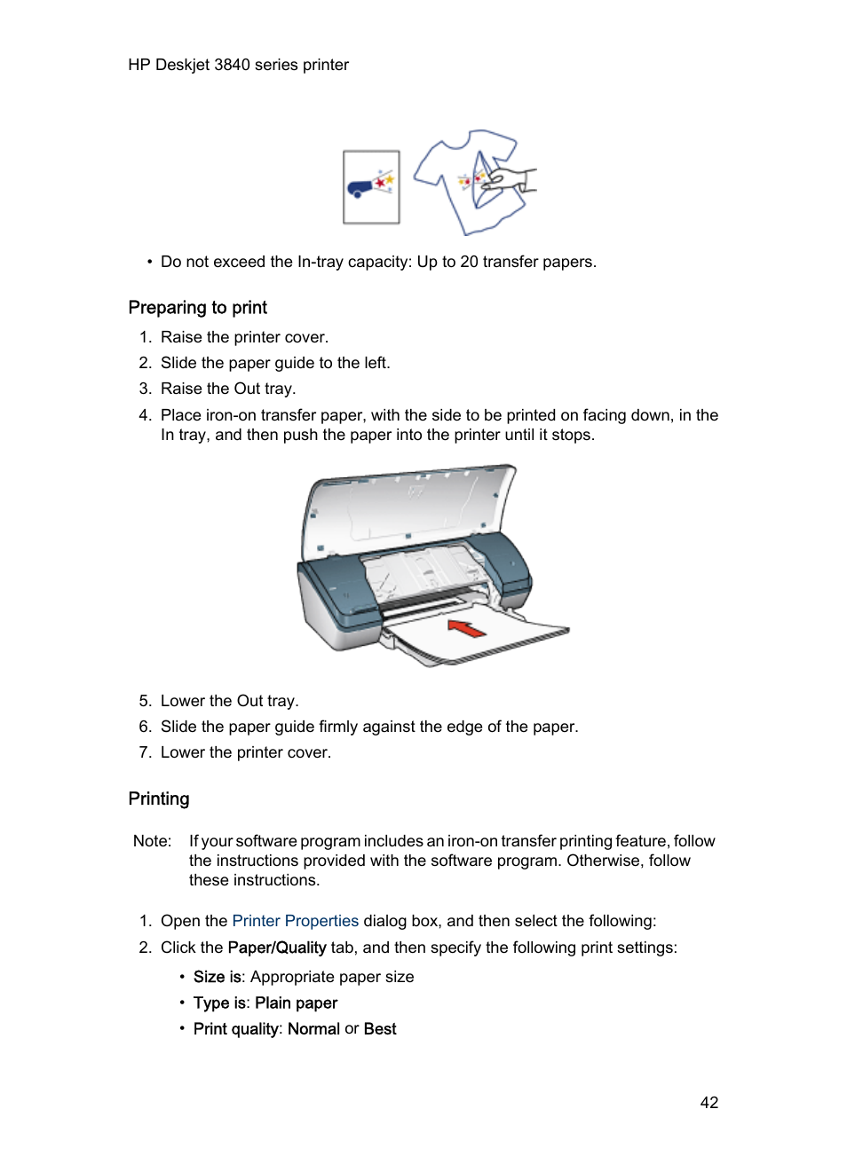 Preparing to print, Printing | HP Deskjet 3848 Color Inkjet Printer User Manual | Page 42 / 96