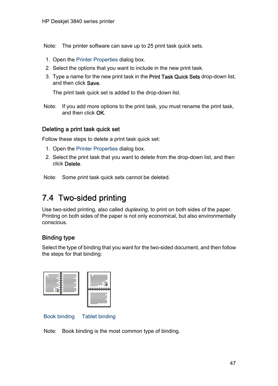 Deleting a print task quick set, 4 two-sided printing, Binding type | Two-sided printing, Print a, Two-sided document | HP Deskjet 3848 Color Inkjet Printer User Manual | Page 47 / 96