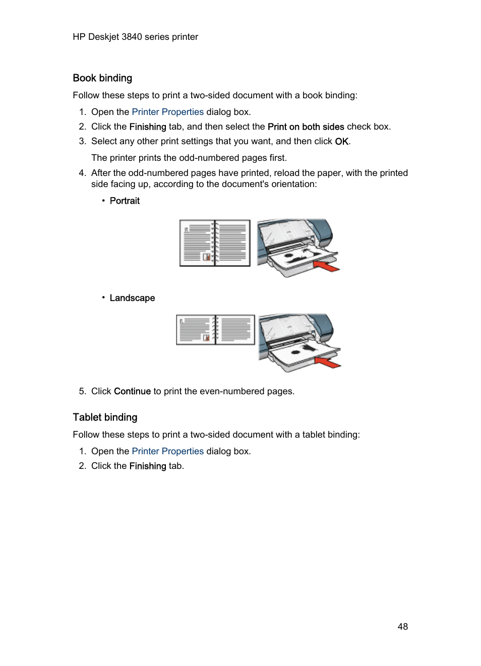 Book binding, Tablet binding | HP Deskjet 3848 Color Inkjet Printer User Manual | Page 48 / 96