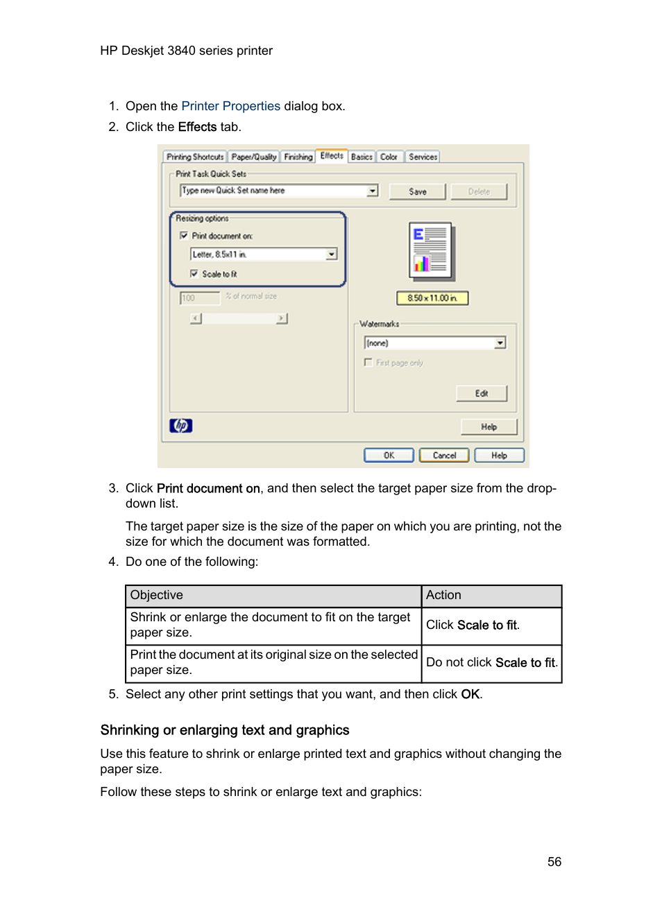 Shrinking or enlarging text and graphics, Shrink or enlarge text and graphics | HP Deskjet 3848 Color Inkjet Printer User Manual | Page 56 / 96