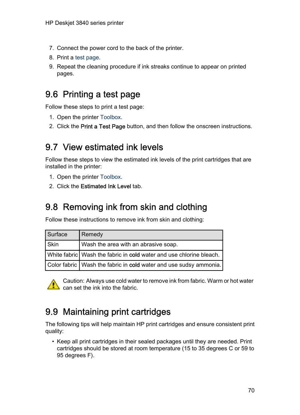 7 view estimated ink levels, 8 removing ink from skin and clothing, 9 maintaining print cartridges | Print cartridge storage, Guidelines, View estimated ink levels, Removing ink from skin and clothing, Maintaining print cartridges, Low on ink, 6 printing a test page | HP Deskjet 3848 Color Inkjet Printer User Manual | Page 70 / 96