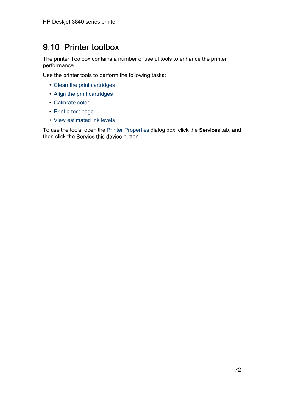 10 printer toolbox, Toolbox, Printer toolbox | HP Deskjet 3848 Color Inkjet Printer User Manual | Page 72 / 96