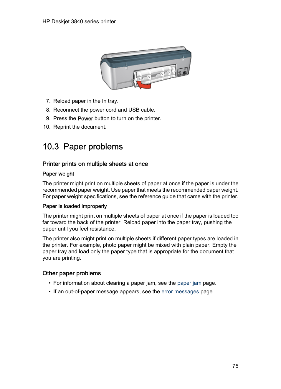 3 paper problems, Printer prints on multiple sheets at once, Paper weight | Paper is loaded improperly, Other paper problems, Paper problems | HP Deskjet 3848 Color Inkjet Printer User Manual | Page 75 / 96