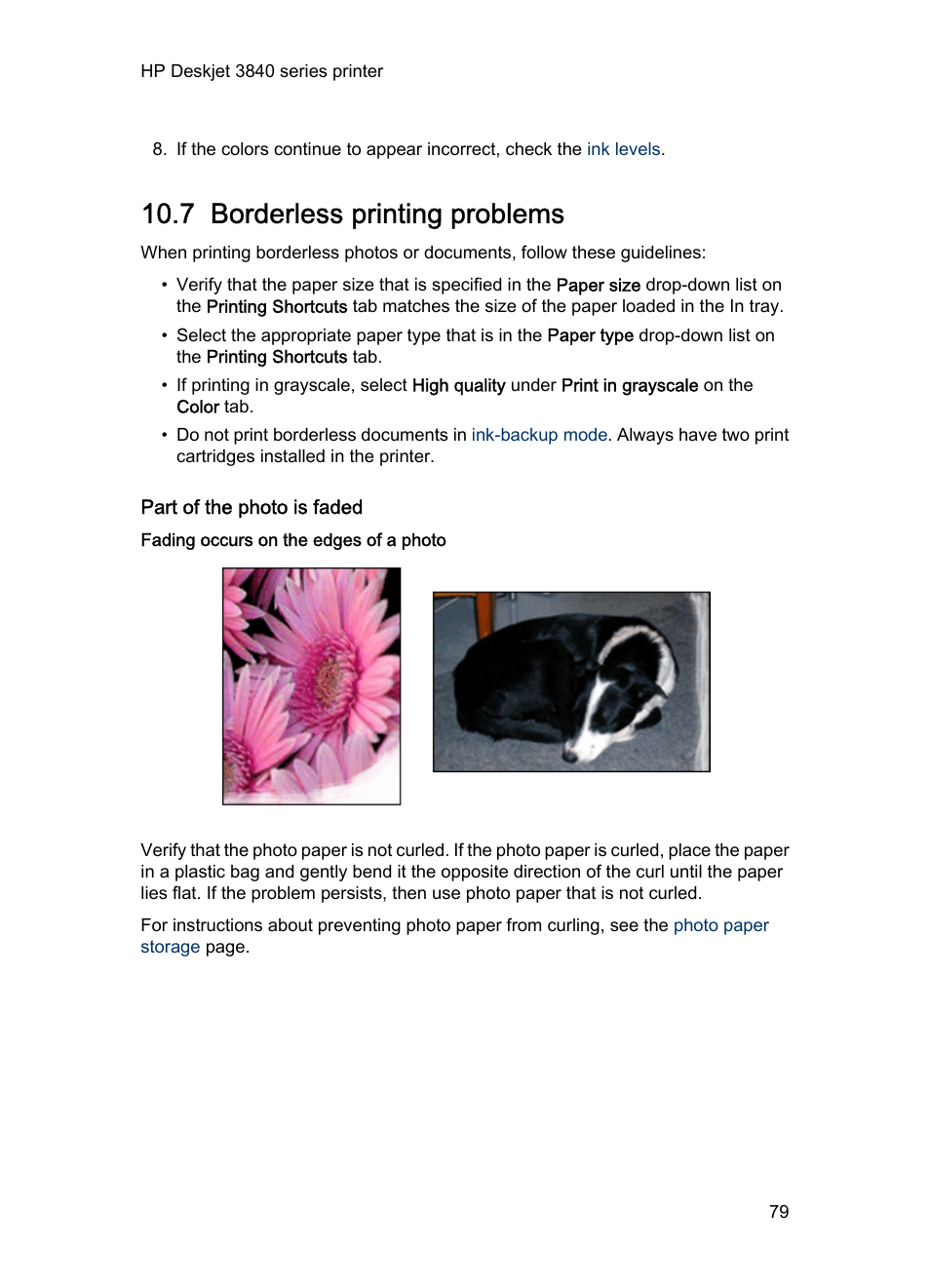 7 borderless printing problems, Part of the photo is faded, Fading occurs on the edges of a photo | Borderless printing problems | HP Deskjet 3848 Color Inkjet Printer User Manual | Page 79 / 96