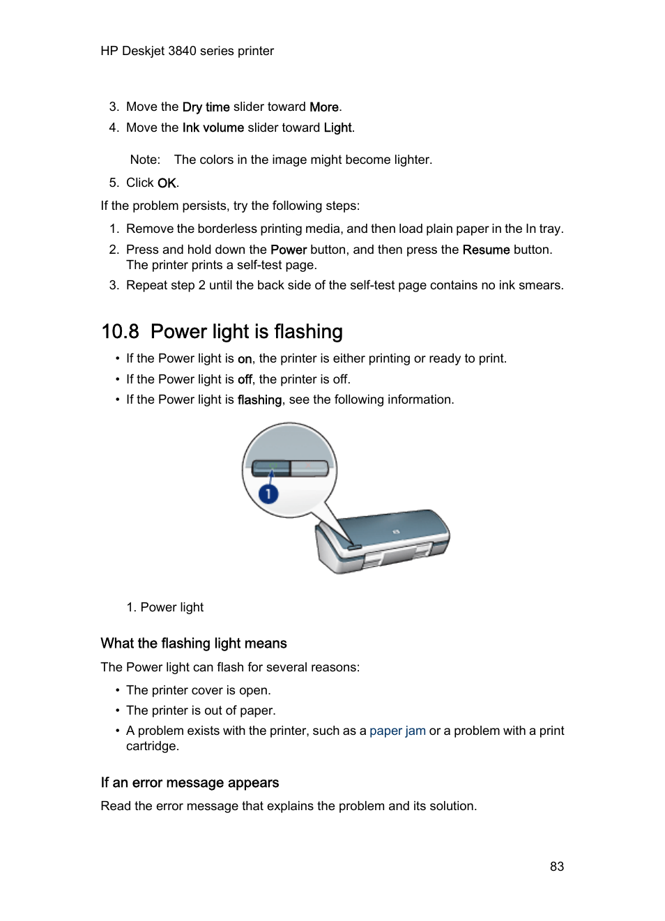 8 power light is flashing, What the flashing light means, If an error message appears | A problem might, Exist, Power light is flashing | HP Deskjet 3848 Color Inkjet Printer User Manual | Page 83 / 96